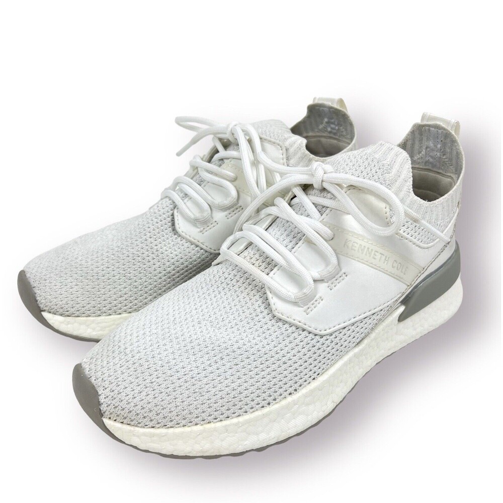 Lessia Kenneth Cole Knit Sock Sneakers Silver Mirrored Panel at Heel White Sz 8